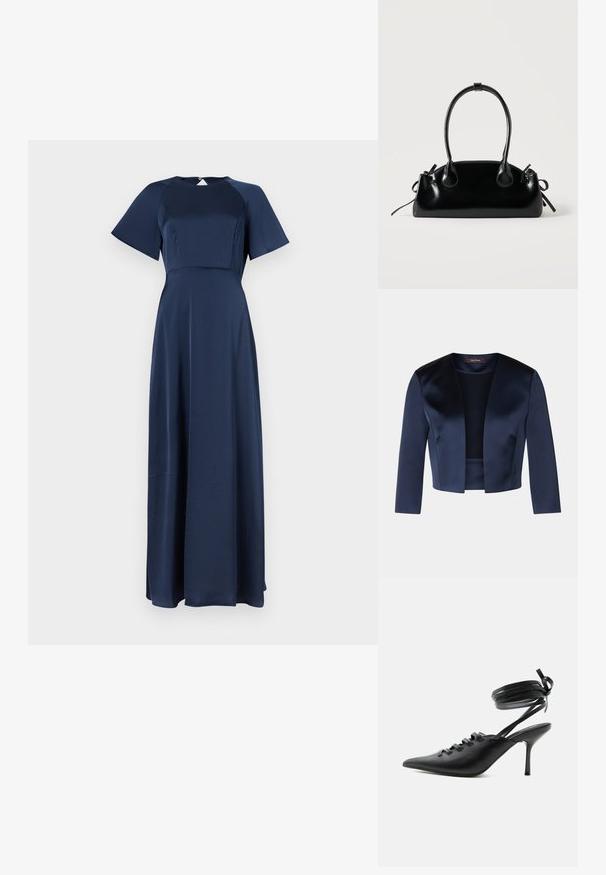 Veste courte bleu marine en satin lisse avec des manches trois-quarts et un design à ouverture frontale. Sans fermetures ni embellissements.; Robe longue bleu marine avec manches courtes volantées, encolure ronde, taille cintrée et jupe fluide en ligne A.; Chaussure à talon haut noire à bout pointu avec laçage à l'avant et brides enroulées autour de la cheville nouées en nœud, vue de côté sur fond blanc.; Petit sac à main noir brillant avec deux longues anses et des détails à cordon sur les côtés sur un fond clair uni.