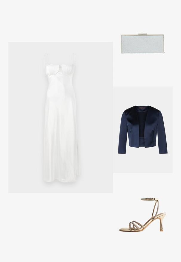 Navyblaue, gekürzte Jacke aus glattem Satin mit Dreiviertelärmeln und offenem Vorderteil. Keine Verschlüsse oder Verzierungen.; Weißes Satin-Maxikleid mit tailliertem Oberteil, sanftem Herzausschnitt, verstellbaren dünnen Trägern und einem Seitenschlitz. Glatte, glänzende Textur.; Goldene Sandalette mit hohem Absatz, dünnen Riemen mit Strasssteinen über den Zehen und einem Knöchelriemen mit Schnallenverschluss.; Helles blaues Clutch mit einer strukturierten Oberfläche, die klare, erhabene Tropfen aufweist. Silberfarbene Beschläge am oberen Verschluss, rechteckige Form.