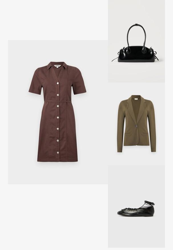 Blazer ajusté vert olive à manches longues, revers crantés, fermeture à simple bouton noir, et deux poches passepoilées à l'avant.; Robe chemise marron, à manches courtes, longueur au genou, avec des boutons devant, un col et une couture à la taille.; Ballerines en cuir verni noir avec un bout rond, un design à lacets et une semelle plate. Texture lisse avec peu de détails.; Petit sac à main noir brillant avec deux longues anses et des détails à cordon sur les côtés sur un fond clair uni.