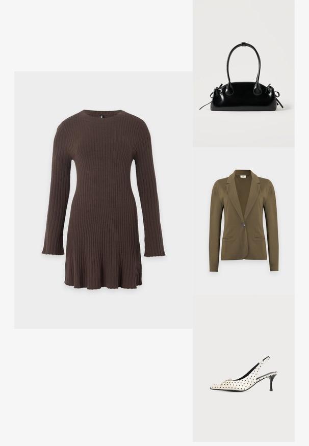 Blazer ajusté vert olive à manches longues, revers crantés, fermeture à simple bouton noir, et deux poches passepoilées à l'avant.; Robe marron en maille côtelée à manches longues avec un col rond et un bas légèrement évasé sur fond uni.; Chaussure à talon haut en cuir blanc à bride arrière avec des pois noirs et un petit nœud décoratif sur l’orteil pointu, sur fond uni.; Petit sac à main noir brillant avec deux longues anses et des détails à cordon sur les côtés sur un fond clair uni.