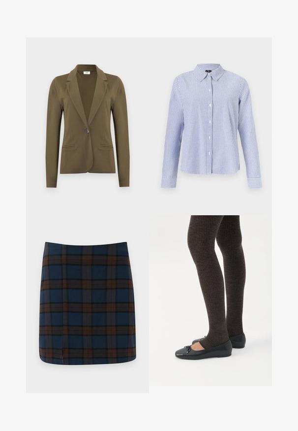 Blazer ajusté vert olive à manches longues, revers crantés, fermeture à simple bouton noir, et deux poches passepoilées à l'avant.; Chemise à manches longues boutonnée, avec des rayures verticales blanches et bleu clair et un col pointu, présentée sur un fond uni.; Jupe mini en tartan bleu marine avec des lignes marron et grises, fabriquée dans un tissu lisse, avec une fente discrète au dos pour plus de liberté de mouvement.; Jambes portant des leggings côtelés foncés associés à des ballerines noires avec de petits détails en nœud sur fond blanc.