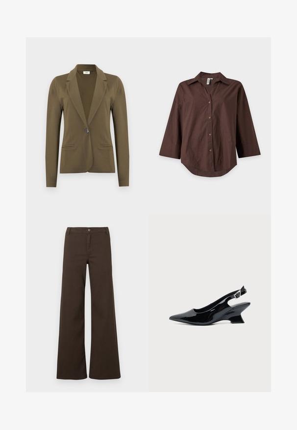 Blazer ajusté vert olive à manches longues, revers crantés, fermeture à simple bouton noir, et deux poches passepoilées à l'avant.; Chemise marron à manches longues avec boutons et col, coupe légèrement ample et ourlet arrondi, présentée sur un fond clair uni.; Pantalons larges taille haute marron foncé avec fermeture à bouton et passants de ceinture, présentés sur un fond blanc uni.; Chaussure slingback en cuir verni noir avec bout pointu et petit talon bloc incliné sur fond clair uni.
