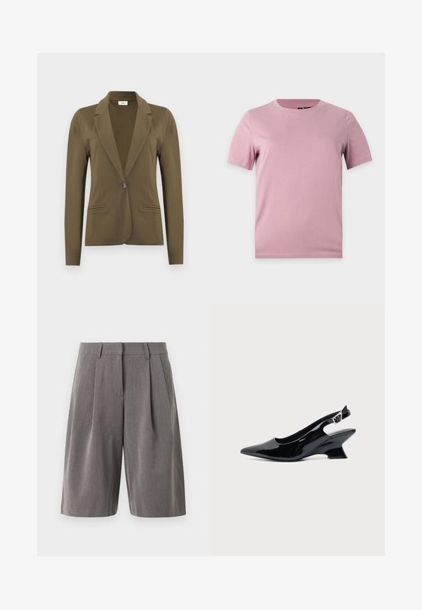 Blazer ajusté vert olive à manches longues, revers crantés, fermeture à simple bouton noir, et deux poches passepoilées à l'avant.; T-shirt uni en coton rose pâle à manches courtes avec col rond, présenté sur un fond plat gris clair.; Shorts gris sur mesure à longueur genou, avec plis sur le devant et passants pour ceinture, fabriqués en tissu tissé lisse, présentés sur un fond uni.; Chaussure slingback en cuir verni noir avec bout pointu et petit talon bloc incliné sur fond clair uni.