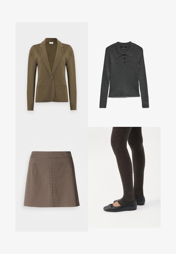 Blazer ajusté vert olive à manches longues, revers crantés, fermeture à simple bouton noir, et deux poches passepoilées à l'avant.; Polo à manches longues gris foncé côtelé avec col, comportant trois boutons noirs au niveau de l'encolure et un ourlet légèrement raccourci.; Mini-jupe à motif pied-de-poule marron et noir avec une coupe droite et un détail de couture sur le devant, sur fond blanc.; Jambes portant des leggings côtelés foncés associés à des ballerines noires avec de petits détails en nœud sur fond blanc.