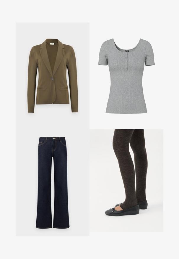 Blazer ajusté vert olive à manches longues, revers crantés, fermeture à simple bouton noir, et deux poches passepoilées à l'avant.; Haut gris côtelé à manches courtes avec un col rond en U et quatre petits boutons en ligne au centre devant.; Jean en denim bleu foncé à jambes larges avec poches avant, fermeture par bouton et fermeture éclair, et coutures contrastantes visibles.; Jambes portant des leggings côtelés foncés associés à des ballerines noires avec de petits détails en nœud sur fond blanc.
