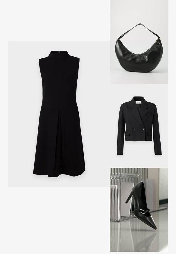 Blazer negro ajustado con solapa de muesca, cierre de botones de dos filas, dos bolsillos frontales y tejido texturizado.; Vestido negro sin mangas con un cuello alto, corpiño ajustado y falda plisada. Tejido suave con cierre de cremallera en la parte posterior.; Zapato de tacón alto negro con puntera y correa con hebilla plateada, colocado sobre una superficie reflectante cerca de un organizador de archivos metálico que sostiene papeles.; Bolso de hombro de cuero negro con una forma curva, textura suave y una sola correa; cuenta con un zipper dorado y un branding sutil.