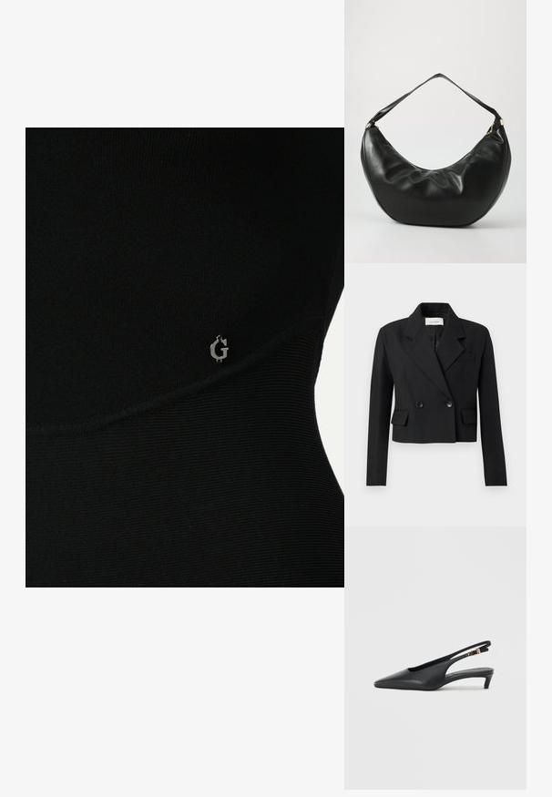 Geknipt zwart blazer met een gegroefde revers, dubbelknopensluiting, twee voorzakken en een textielstructuur.; Zwarte sporttop met ribbelstructuur, voorzien van een subtiele zilveren logo aan de zijkant en een slank, nauwsluitend ontwerp.; Zwarte slingback pumps met een spitse neus, een gladde leren textuur, een lage kittenhak en een bandje met een metalen gespaccent.; Zwarte leren schoudertas met een gebogen vorm, zachte textuur en een enkele schouderband; beschikt over een gouden rits en subtiele branding.