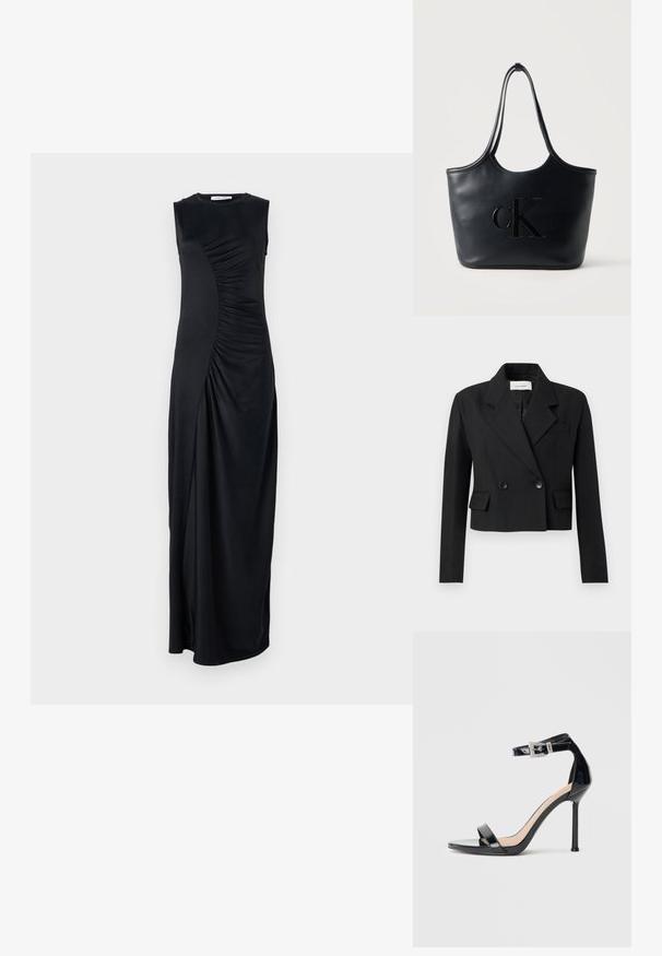 Geknipt zwart blazer met een gegroefde revers, dubbelknopensluiting, twee voorzakken en een textielstructuur.; Zwart mouwloos maxi-jurk met gedrapeerde zijdetails, gemaakt van een soepele stof; heeft een ronde halslijn en een aansluitende pasvorm.; Zwarte sandalen met hoge hak van lakleer en een enkelriempje. Heeft een minimalistisch ontwerp, open teen en een gesp met strass-steentjes.; Zwarte leren totebag met dubbele lange handvatten en een verhoogd CK-logo dat op de voorkant is geperst, tegen een effen achtergrond.
