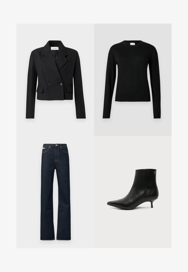Beskarvet sort blazer med slagkrave, dobbeltradet knaplukning, to frontlommer og struktureret stof.; Sort strikket sweater med rund halsudskæring, lange ærmer og en slank pasform, der har en glat struktur og minimal detaljer.; Mørkeblå denimjeans med lige ben, har orange syninger, en knaplukning foran og et lille mærke på linningen.; Sort læder ankelstøvle med spids tå og lav kitten hæl på lys baggrund, der viser yderside.