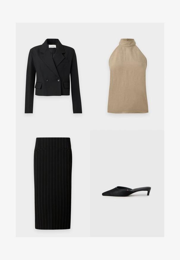 Geknipt zwart blazer met een gegroefde revers, dubbelknopensluiting, twee voorzakken en een textielstructuur.; Mouwloze beige top met hoge hals en knoopsluiting aan de achterkant, gemaakt van een lichtgewicht stof.; Zwarte kokerrok met smalle verticale streepjes, voorzien van twee voorzakken en een gladde textuur. Het ontwerp is getailleerd en heeft een lengte tot de knie.; Zwarte suède muilen met een spitse neus en een lage hak. Heeft een gladde textuur en een open achterkant voor gemakkelijk aan- en uittrekken. Eenvoudig ontwerp zonder patronen.