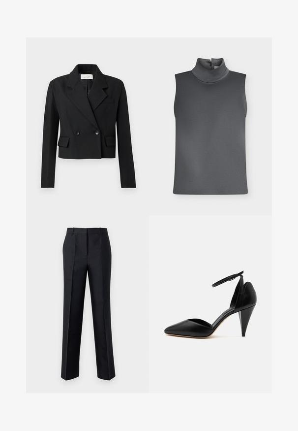 Blazer negro ajustado con solapa de muesca, cierre de botones de dos filas, dos bolsillos frontales y tejido texturizado.; Top gris oscuro sin mangas con cuello alto y cierre de botón en la parte trasera del cuello sobre fondo blanco.; Pantalones negros con corte recto, textura suave y cierre de cremallera oculta. Presentan pinzas para un estilo adicional y un aspecto ajustado.; Zapato negro de tacón alto con punta puntiaguda, correa en el tobillo y tacón cónico sobre fondo blanco.