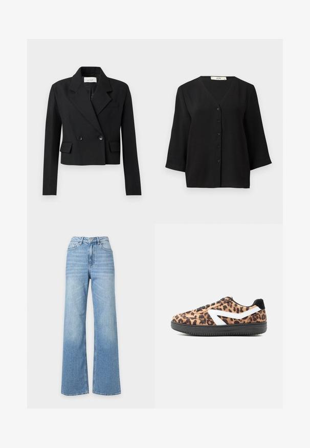 Blazer negro ajustado con solapa de muesca, cierre de botones de dos filas, dos bolsillos frontales y tejido texturizado.; Camisa de manga corta negra con botones y escote en V, que presenta una tela texturizada y seis botones negros en la parte delantera.; Vaqueros de denim azul claro de tiro alto y pierna ancha con bolsillos delanteros, trabillas para cinturón y cierre de botón.; Zapatilla baja con parte superior de estampado de leopardo, suela negra, cordones negros, franja lateral blanca y detalle negro en el talón sobre fondo liso.