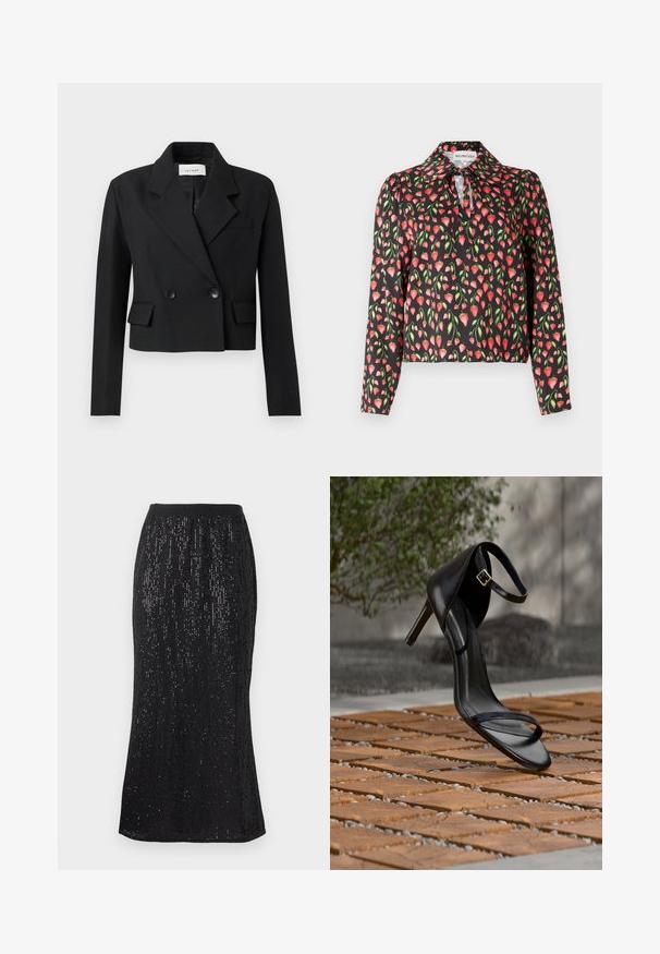 Geknipt zwart blazer met een gegroefde revers, dubbelknopensluiting, twee voorzakken en een textielstructuur.; Zwarte blouse met een bloemenpatroon van rode aardbeien en groene bladeren, met een kraag en een sleutelgatopening bij de halslijn.; Zwarte rok met een aansluitende tailleband en verticale pailletten voor een gestructureerde look. De zoom heeft een lichte curve, wat zorgt voor een slanker silhout. ; Zwarte hoge hak sandaal met enkelbandje zweeft boven een houten tegelvloer buiten, met een onscherpe groene en stenen achtergrond.