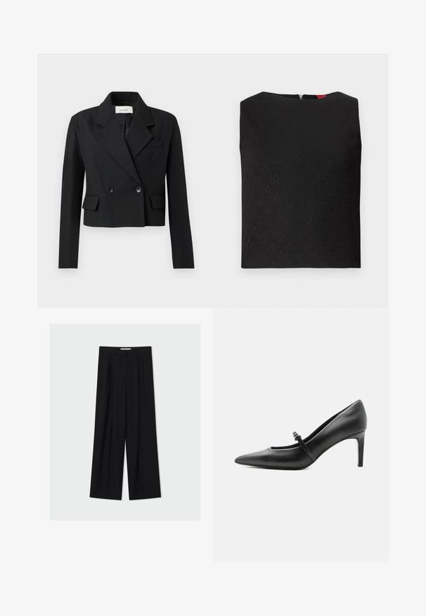 Gekürzter schwarzer Blazer mit Schößchen, doppelt geknöpftemverschluss, zwei vorderen Taschen und strukturiertem Stoff.; Schwarzes ärmelloses Top mit strukturiertem Muster, quadratischem Ausschnitt und einem Reißverschluss im Rücken. Merkmale von Logo- Akzenten, die subtil in den Stoff eingewebt sind.; Schwarze, weit geschnittene Hose mit hoher Taille, Gürtelschlaufen und vorderen Falten, vor hellem grauem Hintergrund präsentiert.; Schwarzer Leder-Pumps mit spitzer Zehenpartie, dünnem Riemen und Schnalle über dem Spann, stehend auf hellem neutralem Hintergrund.