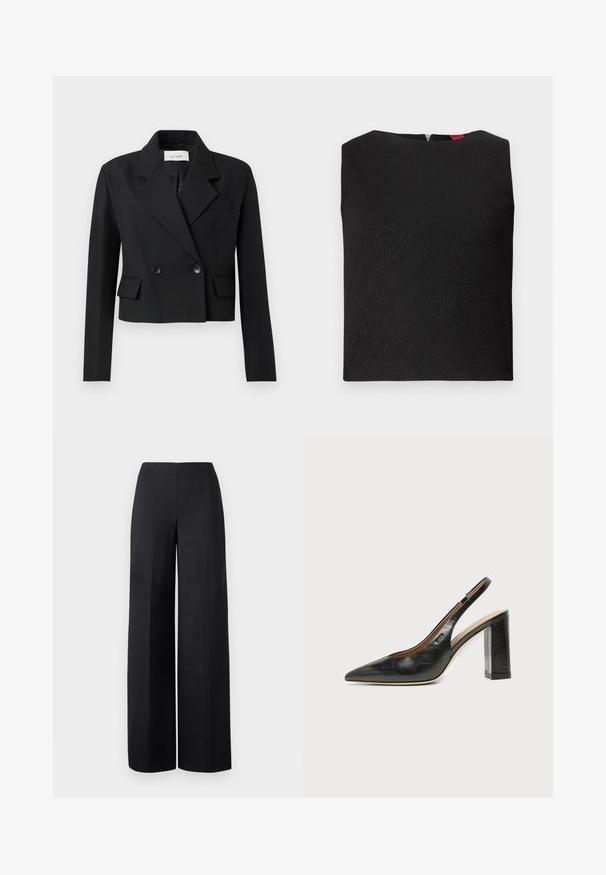 Geknipt zwart blazer met een gegroefde revers, dubbelknopensluiting, twee voorzakken en een textielstructuur.; Zwarte mouwloze top met een gestructureerd patroon, vierkante halslijn en een rits aan de achterkant. Bevat subtiele logo-accenten in de stof geweven.; Zwarte wijde broeken van een gladde stof. Heeft een hoge tailleband en schone, rechte lijnen zonder zichtbare zakken of versieringen.; Zwarte leren slingback schoen met spits toelopend neusje, hoge blokhak en beige binnenvoering tegen een effen lichte achtergrond.