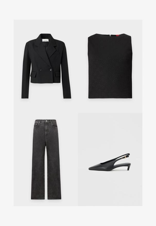 Blazer noir cropped avec revers en dents de scie, fermeture à double boutonnage, deux poches frontales et tissu texturé.; Haut sans manches noir avec un motif texturé, encolure carrée et fermeture éclair au dos. Présente des accents de logo subtilement intégrés dans le tissu.; Pantalons en denim noirs à jambe large avec une taille haute, dotés de poches avant, d'une fermeture boutonnée et d'une texture légèrement délavée.; Des escarpins à talon ouvert noirs avec un bout pointu, une texture en cuir lisse, un petit talon aiguille, et une sangle avec un accent de boucle en métal.
