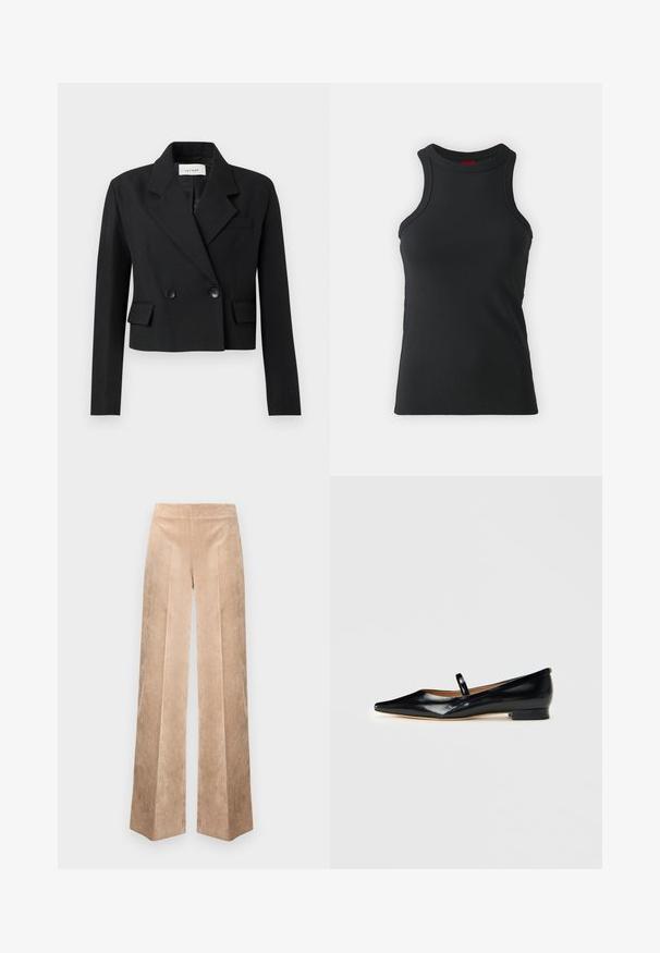 Beskarvet sort blazer med slagkrave, dobbeltradet knaplukning, to frontlommer og struktureret stof.; Sort ærmeløs tanktop lavet af strækbart stof. Har en rund hals og en tætsiddende silhuet med minimale syninger.; Beige manchesterbukser med vide ben og en struktureret overflade, med høj talje og vertikalt stribet mønster for ekstra detalje.; Sorte patenterede læder Mary Jane flade sko med spids tå, én rem og lav hæl på ensfarvet baggrund.