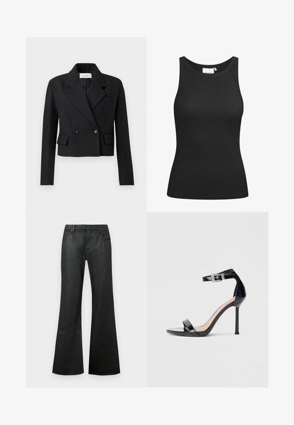 Geknipt zwart blazer met een gegroefde revers, dubbelknopensluiting, twee voorzakken en een textielstructuur.; Zwarte tanktop van ribstof, met een ronde hals en een aansluitende pasvorm. Platte naden en zonder versieringen. Eenvoudig en strak ontwerp.; Zwarte flare jeans van denim met een soepele textuur, standaard taille, vijf zakken en een knoopsluiting.; Zwarte sandalen met hoge hak van lakleer en een enkelriempje. Heeft een minimalistisch ontwerp, open teen en een gesp met strass-steentjes.