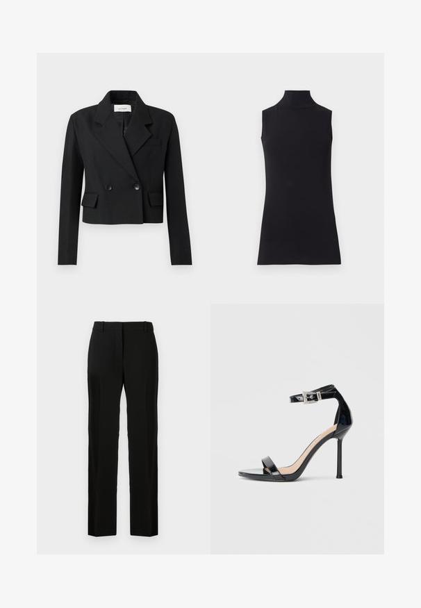 Beskarvet sort blazer med slagkrave, dobbeltradet knaplukning, to frontlommer og struktureret stof.; Sort ærmeløs turtleneck top, lavet af glat stof. Figurtilpasset design med høj hals og lige kant, minimalistisk og ensfarvet.; Sorte bukser med lige ben, lavet af glat stof, med flad front, bæltestropper og ingen synlige mønstre eller detaljer.; Sort højhælet sandal i laklæder med ankelrem. Har minimalistisk design, åben tå og spænde med rhinsten-detaljer.