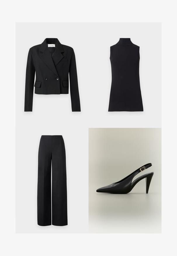 Blazer noir cropped avec revers en dents de scie, fermeture à double boutonnage, deux poches frontales et tissu texturé.; Haut sans manches noir en col roulé, fabriqué à partir d'un tissu lisse. Design ajusté avec un col haut et un ourlet droit, minimaliste et de couleur unie.; Pantalons larges noirs en tissu lisse. Dotés d'une taille haute et de lignes nettes et droites sans poches visibles ni embellissements.; Escarpin à bride arrière en cuir noir avec bout pointu, boucle dorée et talon effilé sur un fond neutre.