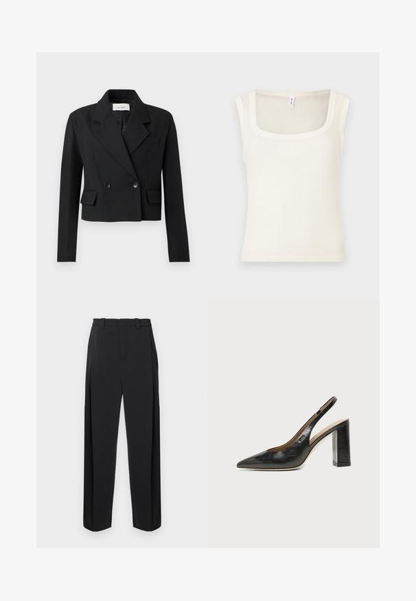 Gekürzter schwarzer Blazer mit Schößchen, doppelt geknöpftemverschluss, zwei vorderen Taschen und strukturiertem Stoff.; Ärmelloses Tanktop in Cremefarbe mit quadratischem Ausschnitt, geripptem Muster und figurbetontem Design. Glatter Stoff mit sauberen, geraden Kanten.; Schwarze Hose mit hohem Bund, vorgefaltet und geraden Beinen. Hergestellt aus glattem Stoff, mit Gürtelschlaufen und Seitentaschen.; Schwarzer Leder-Slingback-Schuh mit spitzer Kappe, hohem Blockabsatz und beigegefüttertem Innenraum vor hellem, einfarbigem Hintergrund.