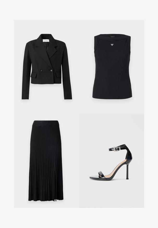 Gekürzter schwarzer Blazer mit Schößchen, doppelt geknöpftemverschluss, zwei vorderen Taschen und strukturiertem Stoff.; Schwarzes ärmelloses Oberteil aus Baumwolle, mit Bootsausschnitt und kleinem Kristall-Dreieck-Logo auf der Brust. Glatte Textur.; Schwarzer plissierter Midirock mit geripptem Bund, aus strukturiertem Stoff, mit seitlichem Schlitz und vertikalen Linien im gesamten Design.; Schwarzer Riemchensandale aus Lackleder mit hohem Absatz und Knöchelriemen. Verfügt über ein minimalistisches Design, offene Zehenpartie und eine Schnalle mit Strassakzenten.