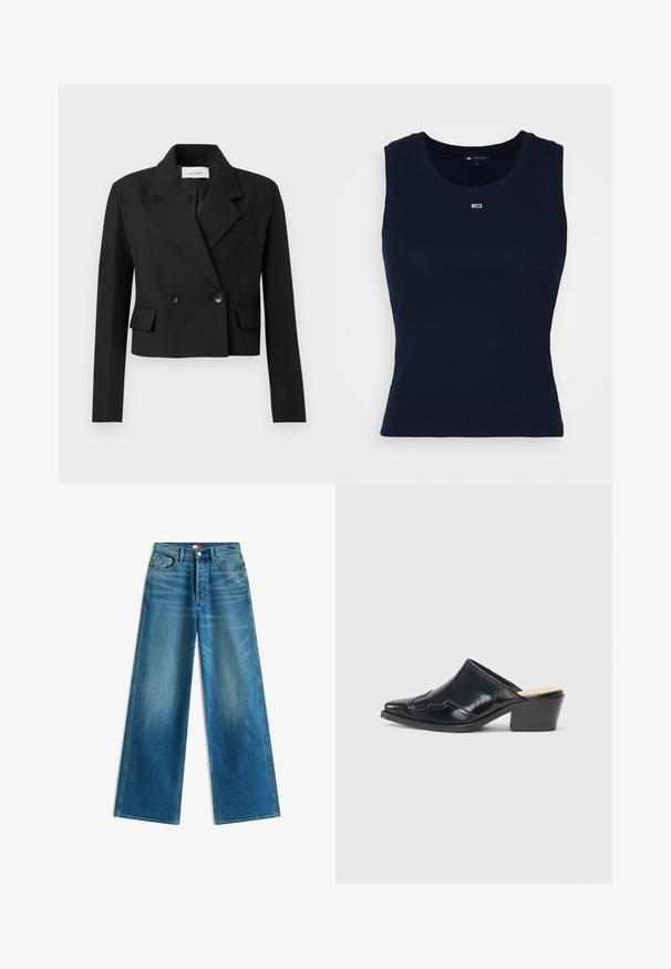 Geknipt zwart blazer met een gegroefde revers, dubbelknopensluiting, twee voorzakken en een textielstructuur.; Marineblauwe katoenen tanktop met een geribbelde textuur, ronde halslijn en een klein geborduurd logo op de borst. Lichtgewicht en aangesloten ontwerp.; Blauwe wijderechte spijkerbroek met voorzakken, riemlussen, knoopsluiting en kleine merkvlagdetails op de zak en taille.; Zwarte gepatineerde leren muiltjes met een puntige neus, een gebogen ontwerp en een lage blokhak met decoratieve stiksels langs de bovenkant.