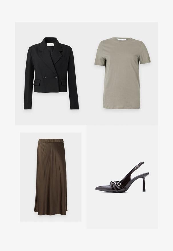 Geknipt zwart blazer met een gegroefde revers, dubbelknopensluiting, twee voorzakken en een textielstructuur.; Khaki t-shirt met korte mouwen gemaakt van zacht materiaal. Ronde hals; rechte zoom. Minimalistisch ontwerp zonder zichtbare patronen of accenten.; Bruine satijnen midirok met een elastische tailleband, een gladde textuur en zijslits voor beweging. Klassieke A-lijn silhoutte.; Zwart lakleren slingback pumps met hoge hak, puntige neus en drie decoratieve riemen met gespen over de wreef.
