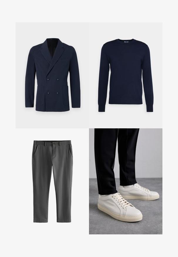 Dvojradový námorní blazer z textúrovanej látky, s dvoma prednými vreckami, klopami a ozdobnými gombíkmi na prednej strane.; Námornícky modrý pletený sveter s okrúhlym výstrihom a dlhými rukávmi. Má elastické manžety a spodný lem, vyrobený z mäkkého, ľahkého materiálu.; Tmavosivé na mieru šité nohavice s pútkami na opasok, predné zapínanie na gombík a zips a šikmé bočné vrecká, zobrazené na bielom pozadí.; Svetlo béžové kožené tenisky s plochými šnúrkami, textúrovaným povrchom a kontrastnou krémovou gumovou podrážkou, skombinované s čiernymi zúženými nohavicami.