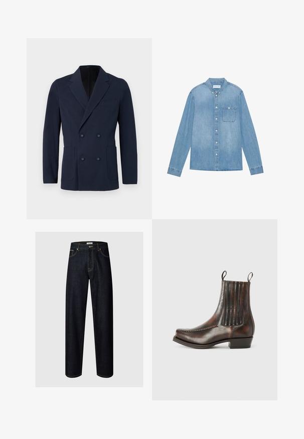 Dobbeltbrystet navy blazer i tekstureret stof, med to forlommer, klapkrave og dekorative knapper på forsiden.; Lys blå denim skjorte med knapper, lange ærmer, spids krave, en enkelt brystlomme og subtil falmning på stoffet.; Mørkeblå straight-leg jeans med knap foran, lynlås, bæltestropper og synlige syninger på lommer og sømme.; Brun læder ankelstøvle med en glat overflade, elastiske sidepaneler, en rund tå, dekorativ syning og en lav blokhæl.