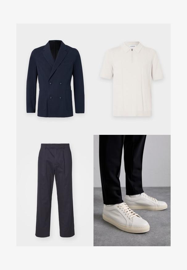 Dobbeltbrystet navy blazer i tekstureret stof, med to forlommer, klapkrave og dekorative knapper på forsiden.; Cremefarvet polo med korte ærmer og lynlåslukning i kraven, med et tekstureret stribemønster lodret på begge sider og en ribbet kant.; Mørkeblå bukser med lige pasform, plisseret frontal, bæltestropper og en glat tekstur. Designet fremhæver et klassisk fit.; Lys beige lædersneakers med flade snørebånd, en tekstureret overflade og en kontrasterende cremelilla gummisål, båret med sorte tapered bukser.