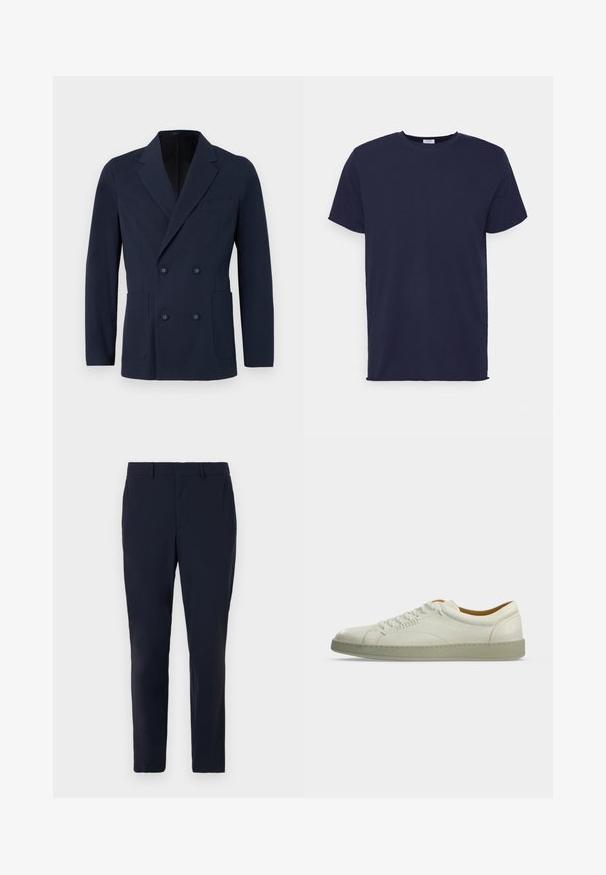 Blazer de doble botonadura en tejido texturizado color marino, con dos bolsillos frontales, solapas con muesca y botones decorativos en la parte delantera.; Camiseta de manga corta azul marino hecha de tela suave. Presenta un cuello redondo y un corte recto sin patrones ni acentos.; Pantalones ajustados azul marino confeccionados en tejido, con un frente plano, trabillas para cinturón y un diseño de corte slim con bolsillos laterales.; Zapatilla blanca de piel de caña baja con suela beige, cordones laterales y detalles de costuras mínimas, mostrada sobre un fondo liso gris claro.