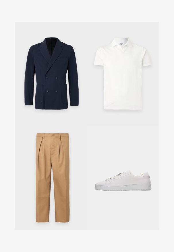 Dobbeltbrystet navy blazer i tekstureret stof, med to forlommer, klapkrave og dekorative knapper på forsiden.; Hvid kortærmet polo-shirt med krave og en lille mærkat inde i nakken med teksten "FILIPPA K", vist på en simpel lys baggrund.; Beige bomuldsbukser med afslappet pasform, plisseret design, talje med knaplukning og lige ben. Glat tekstur uden mønstre.; Hvid lædersneaker med lavt snit, hvide snørebånd, flad, tekstureret gummisål og minimal syning, vist fra ydersiden på en hvid baggrund.
