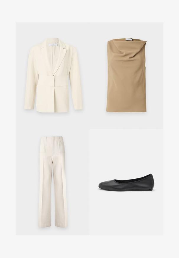 Veste tailleur couleur crème avec une large ceinture en tissu, un col à revers crantés et des manches longues, présentée sur un fond uni.; Haut sans manches beige avec un col ample et drapé et une petite étiquette visible au niveau du col sur fond blanc.; Pantalons larges beiges à taille haute, avec deux poches avant et des détails de couture visibles. Fabriqués dans un tissu lisse et léger.; Ballerines en cuir noir avec un bout rond, texture lisse, détails de couture minimalistes et design de semelle flexible.