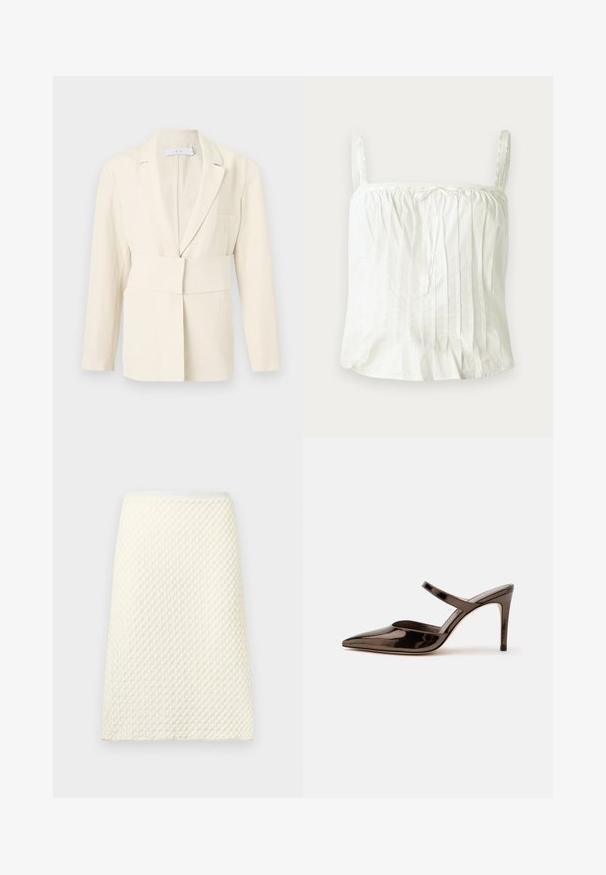 Veste tailleur couleur crème avec une large ceinture en tissu, un col à revers crantés et des manches longues, présentée sur un fond uni.; Haut blanc sans manches avec bretelles fines, présentant une texture plissée et des accents en dentelle le long de l'encolure. Tissu en coton léger.; Jupe crayon en maille texturée crème avec une taille haute et un motif festonné subtil.; Mule à talon haut marron foncé brillant à bout pointu avec une fine bride sur le coup de pied sur fond blanc uni.