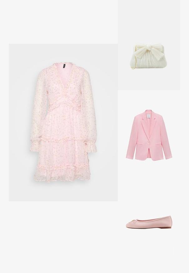 Roze blazer met een geknipt kraag, enkele knoopsluiting en twee voorzakken. Gemaakt van lichtgewicht stof met een gladde textuur.; Roze bloemenjurk met lange doorschijnende mouwen, V-hals, gerimpelde accenten en gelaagde rok. Gemaakt van lichtgewicht, vloeiende stof.; Lichtroze leren ballerina met een klein strikje en gouden detail op de afgeronde neus, platte bruine zool.; Witte geplooide clutchtas met een opvallende strikdetail en een gouden kettinghengsel. Zachte textuur met een geplooid ontwerp aan de voorkant.