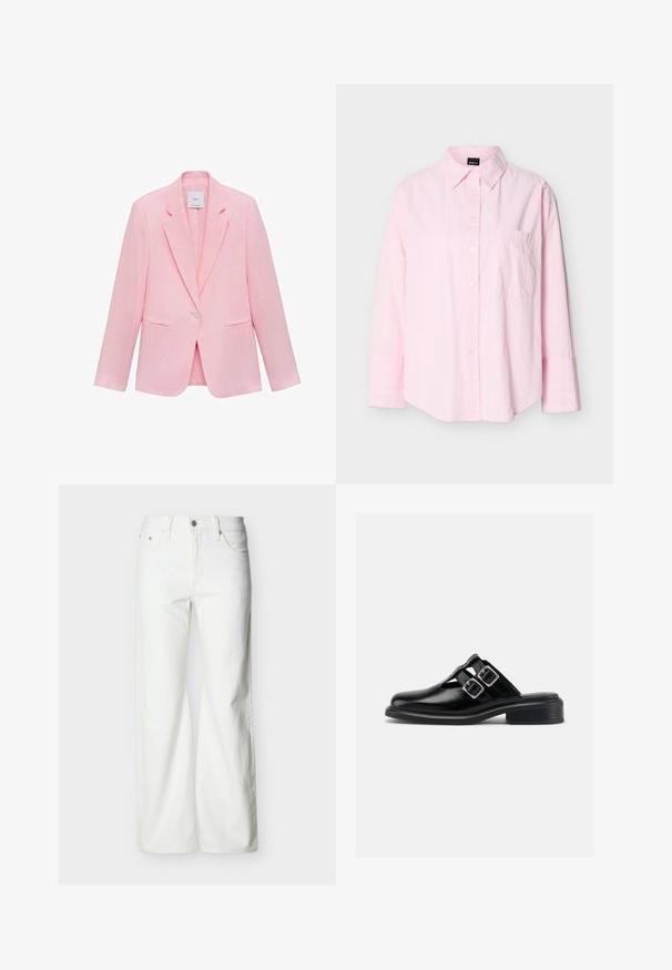 Roze blazer met een geknipt kraag, enkele knoopsluiting en twee voorzakken. Gemaakt van lichtgewicht stof met een gladde textuur.; Lichtroze overhemd met lange mouwen, knopen en een kraag, met een enkele borstzak, getoond tegen een effen achtergrond.; Witte jeans met rechte pijpen en hoge taille, voorzien van een knoopsluiting aan de voorkant, rits, en zij- en achterzakken, tegen een effen lichte achtergrond.; Zwarte leren instapschoen met twee zilveren gespen, open zijkanten, ronde neus en lage gestapelde hak, zijaanzicht op witte achtergrond.