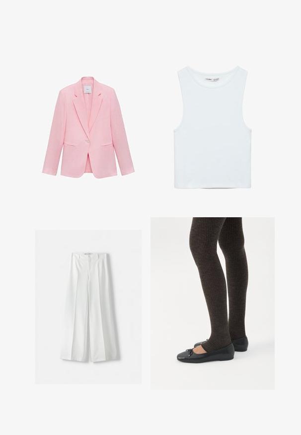 Roze blazer met een geknipt kraag, enkele knoopsluiting en twee voorzakken. Gemaakt van lichtgewicht stof met een gladde textuur.; Witte mouwloze crop top met ronde hals, gemaakt van gladde stof, met Pull&Bear-label, geschikt voor casual wear.; Witte wijde pantalons met een hoge taille, middenvouw en klassieke knoopsluiting. Gemaakt van een soepele stof met een verfijnd ontwerp.; Benen met donkere geribbelde leggings gecombineerd met zwarte ballerina's met kleine strikdetails op een witte achtergrond.