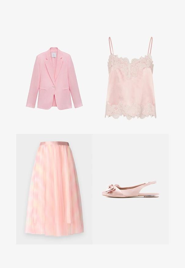 Lyserød blazer med klapkrave, enkelt knaplukning og to frontlommer. Fremstillet af letvægtsstof med en glat tekstur.; Lyserød satin camisole med hvid blondekant langs halsudskæring og kant, med tynde justerbare skulderstropper.; Ida Sjöstedt FLAWLESS SKIRT - A-snit nederdel - pink; Pink satinsko med slingback-stil med rundet tå, stor sløjfedetalje foran og en lille metallisk accent på hælen.