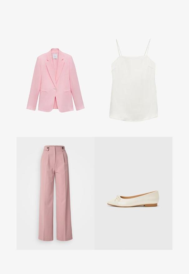 Roze blazer met een geknipt kraag, enkele knoopsluiting en twee voorzakken. Gemaakt van lichtgewicht stof met een gladde textuur.; Wit mouwloos cami-topje met dunne spaghettibandjes en een rechte halslijn, plat gelegd op een witte achtergrond.; Roze wijde broek met een gladde textuur, voorzien van een hoge taille, twee knopen bovenaan en plooien die langs de voorkant lopen.; Balletschoen in crème leer met een ronde neus en een klein strikje aan de voorkant. Kenmerkt zich door een lage, tan rubberen hak en een gladde textuur.