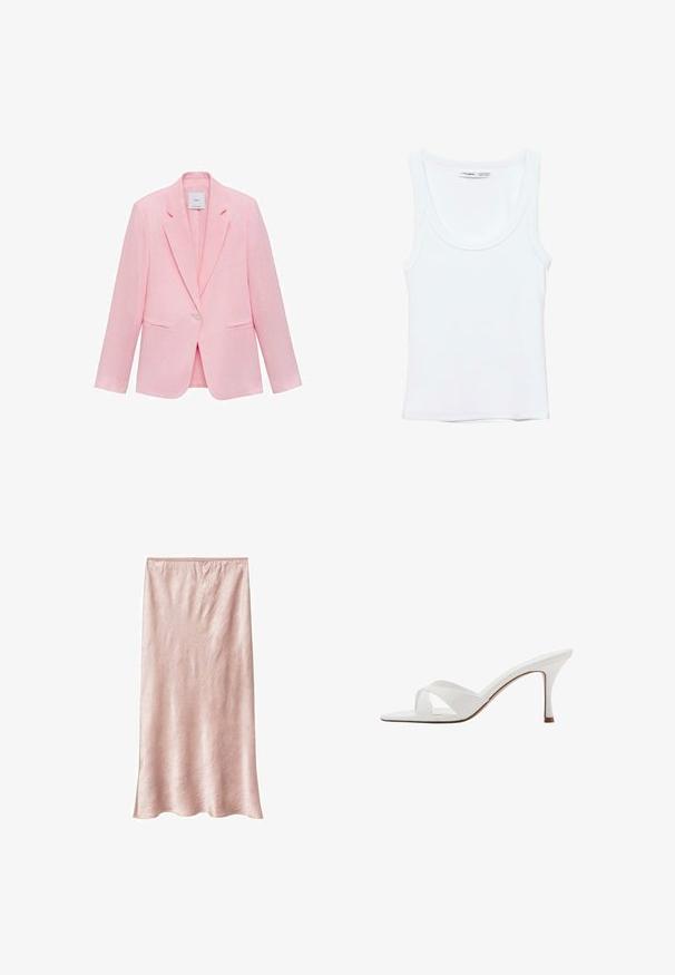 Roze blazer met een geknipt kraag, enkele knoopsluiting en twee voorzakken. Gemaakt van lichtgewicht stof met een gladde textuur.; Effen witte mouwloze tanktop met ronde hals, gemaakt van zachte stof, met een label aan de binnenkant van de kraag dat merk en maat aangeeft.; Lichtroze satijnen rok met een gladde textuur, middelange lengte en een subtiele glans. Beschikt over een elastische tailleband voor comfort.; Witte mule met open teen, gekruiste bandjes en een slanke hak van middelhoogte, zijaanzicht op een witte achtergrond.