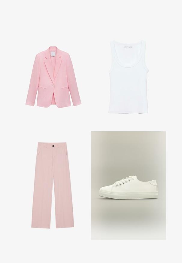 Roze blazer met een geknipt kraag, enkele knoopsluiting en twee voorzakken. Gemaakt van lichtgewicht stof met een gladde textuur.; Effen witte mouwloze tanktop met ronde hals, gemaakt van zachte stof, met een label aan de binnenkant van de kraag dat merk en maat aangeeft.; Lichtroze wijde broek gemaakt van soepel materiaal, met een sluiting met knoop aan de voorkant, twee zijzakken en een getailleerde silhouette.; Witte lage sneaker met witte veters en rubberen zool, zijaanzicht op een neutrale achtergrond.