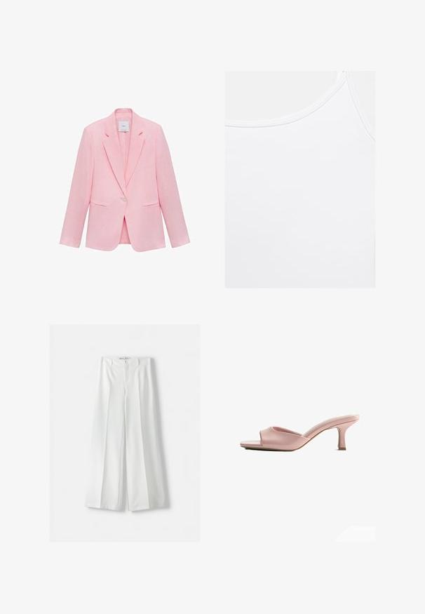 Roze blazer met een geknipt kraag, enkele knoopsluiting en twee voorzakken. Gemaakt van lichtgewicht stof met een gladde textuur.; Effen witte tanktop met ronde halslijn en zichtbare stiksels langs de randen.; Witte wijde pantalons met een hoge taille, middenvouw en klassieke knoopsluiting. Gemaakt van een soepele stof met een verfijnd ontwerp.; Open teen roze leren mule met een lage, slanke middenhak en licht gevoerde binnenzool.