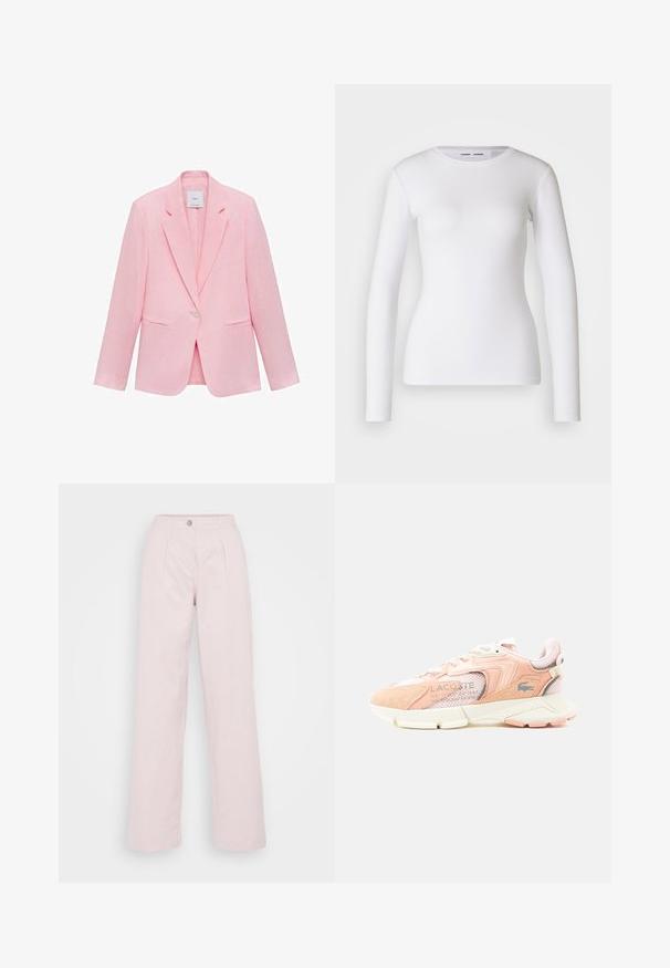 Roze blazer met een geknipt kraag, enkele knoopsluiting en twee voorzakken. Gemaakt van lichtgewicht stof met een gladde textuur.; Witte longsleeve shirt van ribstof, met een ronde halslijn en een getailleerde vorm. Er zijn geen patronen of accenten aanwezig.; Wijd gevallen broek in zachtroze katoen, met een frontsluiting met knopen, geplooid ontwerp en een ontspannen silhouet.; Lichtroze en witte sneaker met mesh- en suèdepanelen, stevige zool en Lacoste-logo aan de zijkant.