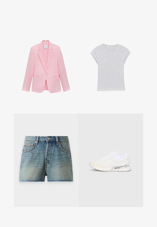 Roze blazer met een geknipt kraag, enkele knoopsluiting en twee voorzakken. Gemaakt van lichtgewicht stof met een gladde textuur.; Lichtgrijs T-shirt met korte mouwen, een ronde hals en licht verlengde schoudernaden, plat gelegd op een witte achtergrond.; Leren denim shorts in lichtblauw, met een hoge taille, gefranjorde zoom en traditionele vijf-pocket stijl met metalen hardware.; Witte sport sneakers met een mix van gladde en gestructureerde panelen, voorzien van een metallic accent op de hiel en een klassieke vetersluiting.