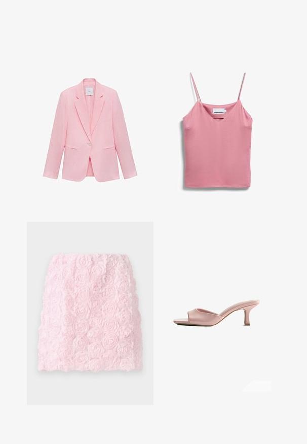 Roze blazer met een geknipt kraag, enkele knoopsluiting en twee voorzakken. Gemaakt van lichtgewicht stof met een gladde textuur.; Roze mouwloze satijnen camisole met smalle spaghetti bandjes en een V-hals, label zichtbaar aan de binnenkant van de hals.; Roze mini-rok met een textuurontwerp en gelaagde stoffen bloemen. Het oppervlak is zacht en gedetailleerd, wat een driedimensionaal bloemeneffect geeft.; Open teen roze leren mule met een lage, slanke middenhak en licht gevoerde binnenzool.