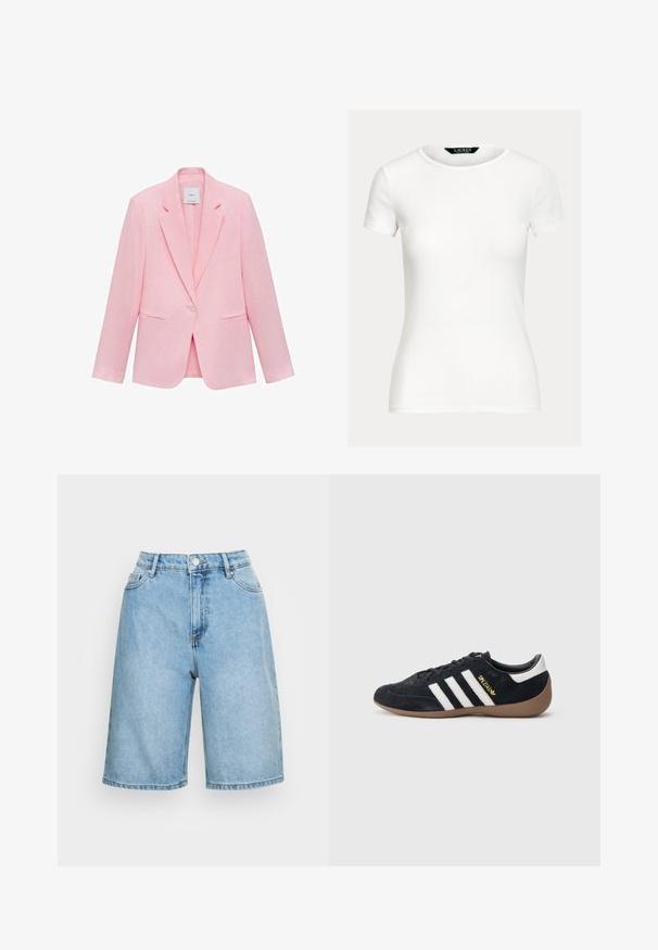 Roze blazer met een geknipt kraag, enkele knoopsluiting en twee voorzakken. Gemaakt van lichtgewicht stof met een gladde textuur.; Effen witte aansluitende T-shirt met korte mouwen en ronde hals, met een Lauren Ralph Lauren-label aan de binnenkant van de kraag.; Lichtblauwe denimshorts met een hoge taille, voorzien van een knoopsluiting, vijf zakken en een relaxte pasvorm die tot halverwege de bovenbenen reikt.; Zwarte suède sneaker met drie witte strepen, een rubberen gumzool en een klein gouden logo aan de zijkant. Heeft een gladde zwarte binnenvoering.