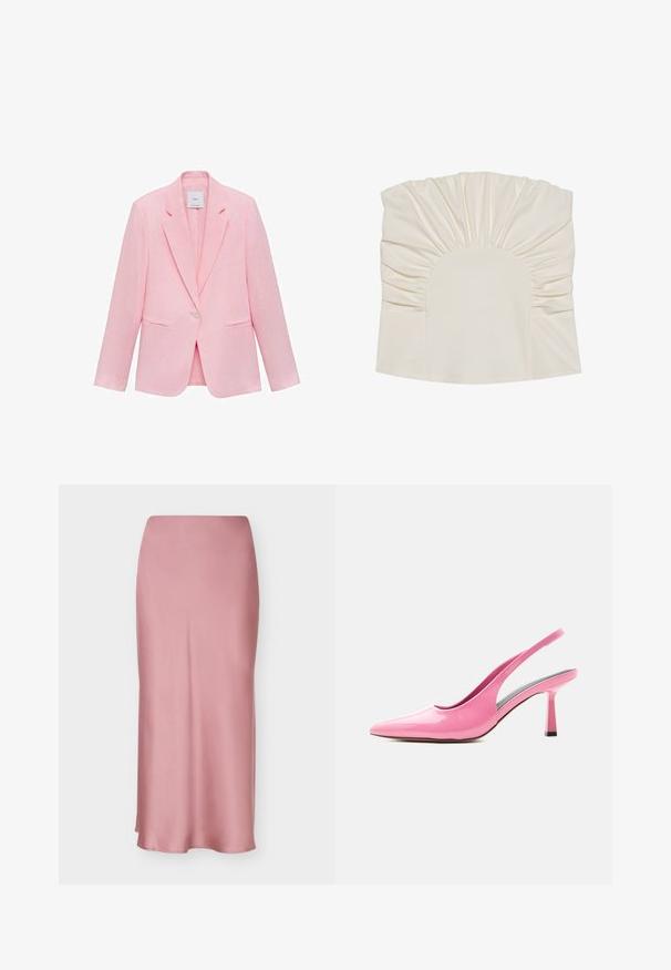 Roze blazer met een geknipt kraag, enkele knoopsluiting en twee voorzakken. Gemaakt van lichtgewicht stof met een gladde textuur.; Crème-kleurige top met geplooide stof, met een ronde halslijn en een gladde textuur. Het ontwerp heeft plooien langs de randen.; Mauve roze hoge taille satijnen midirok met een gladde, licht uitlopende silhouet en een rechte zoom.; Glanzende roze slingback pump met puntige neus en hak met gemiddelde hoogte op een witte achtergrond.