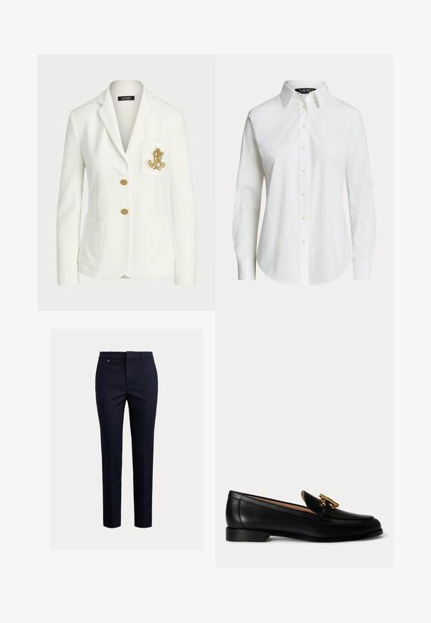 Witte getailleerde blazer met gouden knopen en geborduurd gouden logo op de borstzak, met een notched reverskraag en twee voorzakken.; Wit overhemd met lange mouwen en knopen, met een klassieke kraag en zichtbare knopen aan de voorkant, getoond op een effen achtergrond.; Marineblauwe chino's gemaakt van een katoenmix met een taps toelopende pasvorm, een vlakke voorkant, zijzakken en een enkele achterzak; voorzien van een klein goudkleurig logo.; Zwarte leren loafer met lage hak en gouden metalen gespdetail bovenop, van opzij getoond op een witte achtergrond.