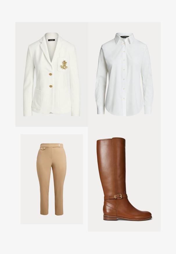 Witte getailleerde blazer met gouden knopen en geborduurd gouden logo op de borstzak, met een notched reverskraag en twee voorzakken.; Wit overhemd met lange mouwen en knopen, met een klassieke kraag en zichtbare knopen aan de voorkant, getoond op een effen achtergrond.; Beige slim-fit pantalons met hoge taille, met twee kleine decoratieve knoopjes op de tailleband en een knoopsluiting flapzak aan de rechterzijde.; Bruine leren kniehoge laars met een kleine gouden gesp en het "RL" logo op de band bij de enkel, platte hak en een gladde afwerking.